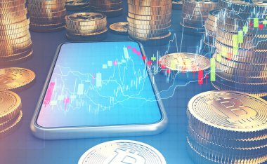 Bitcoins yığınları arasında masadaki yalan Smartphone. Büyüyen grafikleri. Tonlu görüntü, çift pozlama