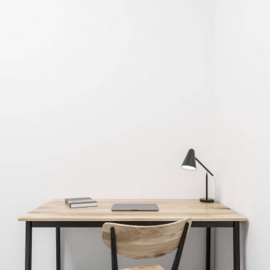 Minimalist beyaz duvar ev ofis iç ahşap zemin ve bir tablo ile bir ofis sandalye ayakta yanında. 3D render alay
