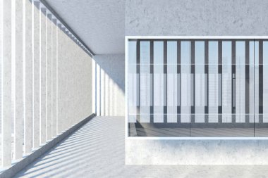 Boş ofis iç panoramik bir pencere ve bir beton zemin ve duvar ile. up 3D render, alay.