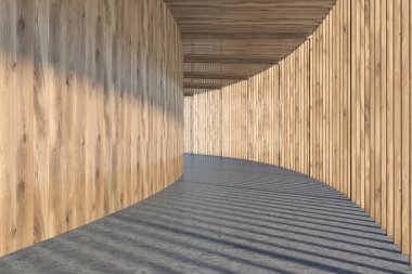 Bir beton zemin ile yuvarlak bir bina ahşap duvar salonu. İç tasarım konsepti. 3D render alay