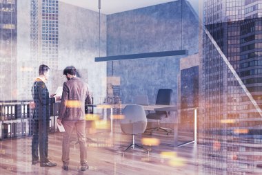 Her kitap rafı ve Yöneticisi tablo ile modern bir ofiste konuşmaya karşı karşıya iki iş adamları. İş kavramı. 3D render sahte kadar Çift tonlu görüntü pozlaması