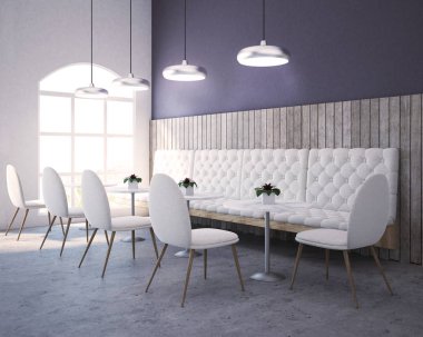 Hafif mor ve ahşap lüks Restoran köşe beyaz koltuklar ve sandalyeler, yuvarlak masa ve üstlerindeki tavan lambaları bir dizi ile. 3D render alay
