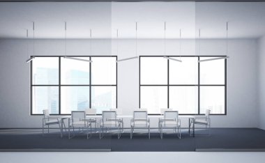 Beyaz duvar konferans odası iç bir beton zemin, o ve büyük pencereler çevresinde ayakta beyaz sandalye ile uzun beyaz bir tablo. 3D render alay