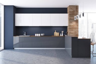 Loft siyah ve ahşap duvar mutfak iç bir beton zemin, beyaz ve gri mutfak tezgahı ve özgün tavan lambaları. 3D render alay