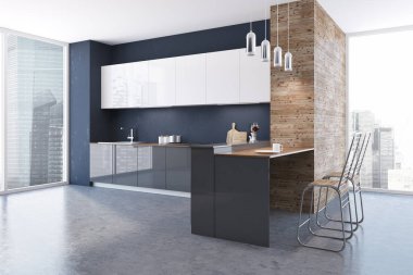 Loft siyah ve ahşap duvar mutfak iç bir beton zemin, beyaz ve gri mutfak tezgahı ve özgün tavan lambaları. Yan görünümü. 3D render alay
