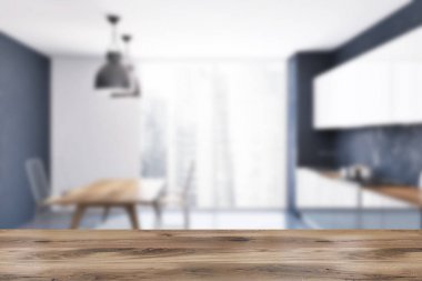 Loft siyah ve beyaz duvar mutfak iç bir beton zemin, beyaz ve gri mutfak tezgahı ve özgün tavan lambaları. Sandalye bir masa. 3d render alay kadar bulanık