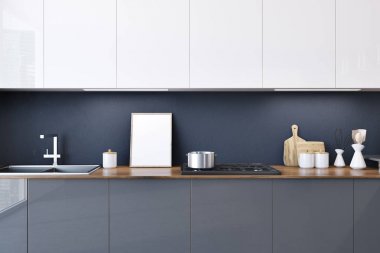 Gri mutfak tezgahı ile aletleri ve onları asılı beyaz dolapları bir dizi inşa. Çerçeveli bir poster. 3D render alay