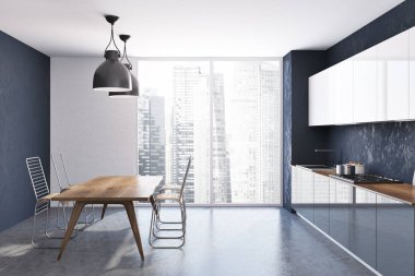 Loft siyah ve beyaz duvar mutfak iç bir beton zemin, beyaz ve gri mutfak tezgahı ve özgün tavan lambaları. Sandalye bir masa. 3D render alay