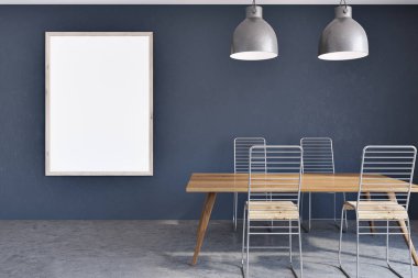 Mavi yemek odası iç uzun bir masa, ahşap sandalyeler, beton zemin ve iki tavan lambaları. Duvardaki çerçeveli poster. 3D render alay