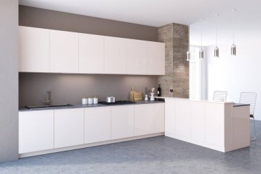 Bir beton zemin, beyaz mutfak tezgahı ve dolapları ile beyaz panoramik mutfak köşesi. up 3D render, alay