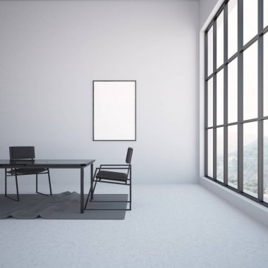 Uzun bir masa, siyah sandalye, bir beton zemin ve halı gri yemek odası iç. Duvardaki çerçeveli poster. 3D render alay