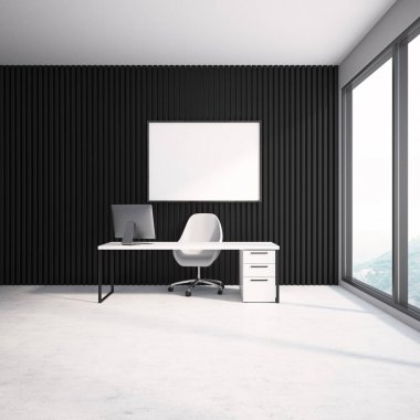 Siyah duvar CEO'su office iç beyaz bir zemin ve beyaz bilgisayar masalı. Beyaz bir sandalye yanında duruyor. Çerçeveli bir poster. 3D render alay