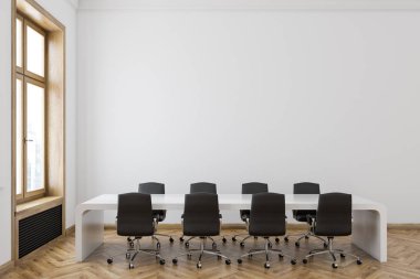 Beyaz duvar konferans odası iç ahşap zemin ve büyük pencereler duran siyah sandalye ile uzun beyaz bir tablo ile. 3D render alay