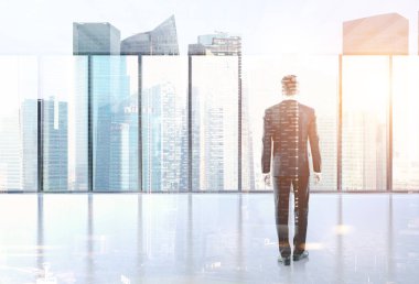 Arkadan görünüş bir işadamı bir modern şehir ofisine bir çanta. Liderlik kavramı Toned görüntü çift pozlama kadar sahte