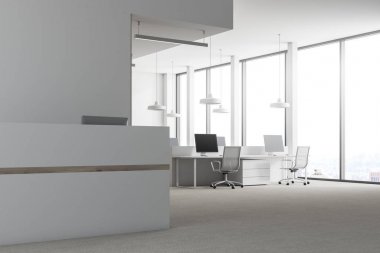 Beyaz Resepsiyon ayakta beyaz duvarlar ve beton zemin ile modern bir ofiste. Açık alan alanı içinde belgili tanımlık geçmiş. Yan görünümü. 3D render alay