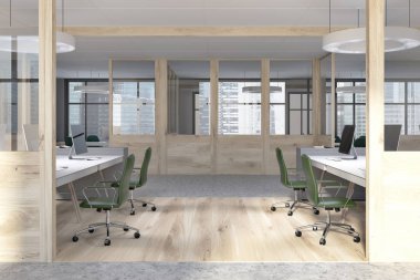 Ahşap duvar ofis kabinleri bir ahşap ve beton zemin beyaz masa onları üzerindeki bilgisayarlarla ve çatı windows. 3D render