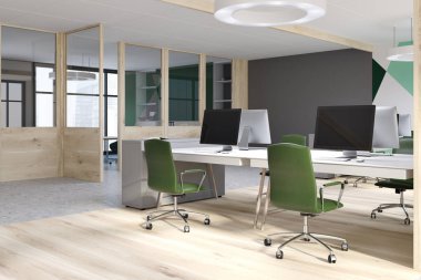 Gri bilgisayar masaları, görüntüler ve bir ahşap duvar lobi ile gri, yeşil ve beyaz geometrik desen office köşe. 3D render alay