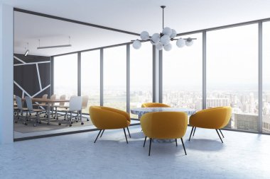 Ofis Bekleme odası köşe sarı koltuk tarafından çevrili bir kahve masasıyla. Arka planda bir toplantı odası. 3D render alay