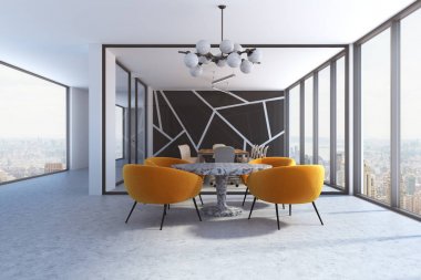 Sarı koltuk tarafından çevrili bir kahve masasıyla ofis bekleme odası iç. Arka planda bir toplantı odası. 3D render alay