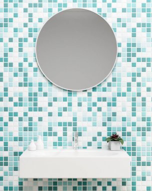 Yakın bir banyo lavabo üzerinde asılı bir yuvarlak ayna ile bir yeşil kiremitli duvar. 3D render alay