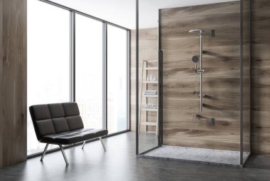 Ahşap duvar banyo köşe bir beton zemin, çatı penceresi ve Duş kabini. Küçük bir kanepe. 3D render