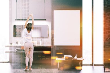 Gri banyo iç ahşap ve beton zemin, bir Duş kabini ve yuvarlak beyaz lavabo ile. Duvar üzerine bir poster. Bir kadın. 3D render sahte kadar Çift tonlu görüntü pozlaması