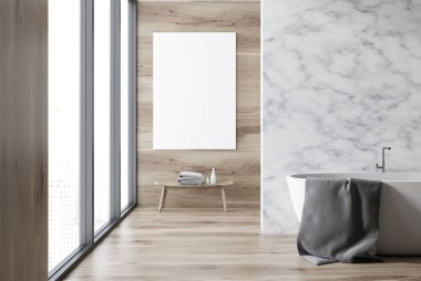 Mermer ve ahşap duvar banyo iç ahşap zemin, çatı penceresi, beyaz bir küvet ve bir poster. 3D render alay