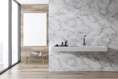 Mermer ve ahşap duvar banyo iç ahşap zemin, çatı penceresi, beyaz bir lavabo ve bir poster. 3D render alay