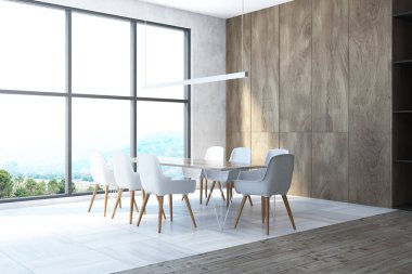 Büyük pencereler, kiremitli bir zemin ve beyaz sandalye tarafından çevrili uzun ahşap bir masa ile panoramik bir yemek odası iç. 3D render alay