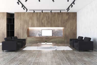 Modern oturma odası iç beyaz ve ahşap duvarlar, siyah kanepe, bir halı ve sahte Tv kadar ekran merkezinde ayarlayın. 3D render alay