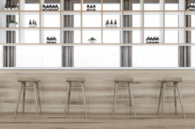 Beyaz duvarları, şişe raflarında ve uzun bir ahşap rahat barında iç ahşap tabureler olan çubuk. 3D render alay