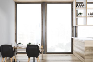 Çatı katı lüks Restoran iç ahşap zemin, pencere ve bir bar yakın siyah sandalye ile küme bir tablo ile. 3D render mockup