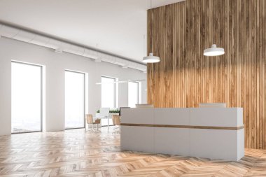Eko stil ofis iç beyaz ve ahşap duvarlar, beyaz bir resepsiyon ve bir açık alan çalışma alanı ile. Yan görünümü. 3D render alay