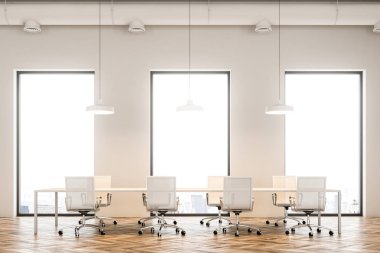 Toplantı odası iç ahşap zemin ile üç pencere ve beyaz sandalye tarafından çevrili uzun bir masa çatı katı. 3D render alay