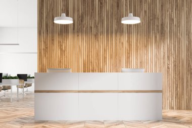 Eko stil ofis iç beyaz ve ahşap duvarlar, ön plan ve bir açık alan çalışma alanı beyaz bir resepsiyon ile. 3D render mockup
