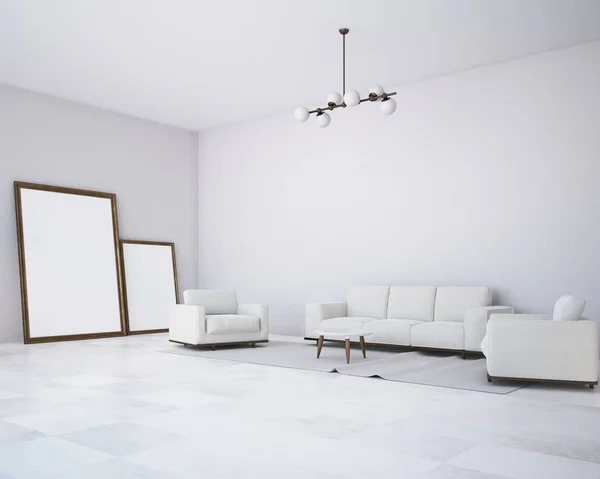 White wall living room corner with a soft white sofa, armchairs and a small round coffee table. Two framed posters near the wall. 3d rendering mock up