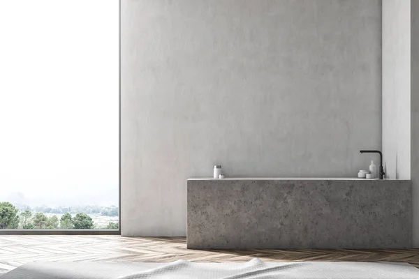 Interior Del Baño Con Suelo Madera Paredes Blancas Una Ventana — Foto de Stock