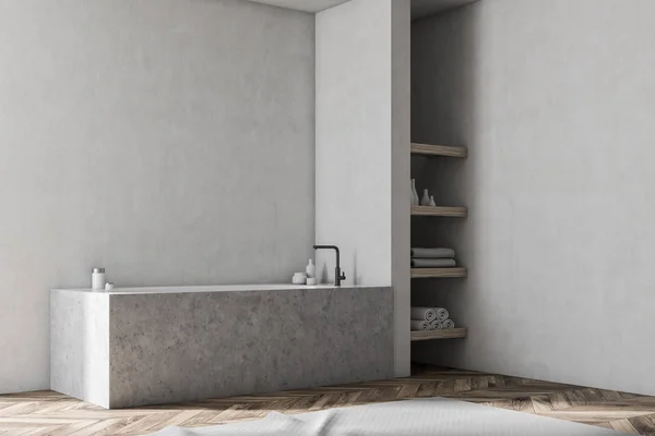 Bathroom Interior Wooden Floor Gray Walls Marble Angular Tub Shelves — Stock Photo, Image