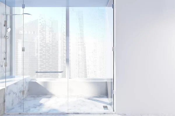 Luxury White Bathroom Interior White Marble Floor White Tub Shower — Stock Photo, Image