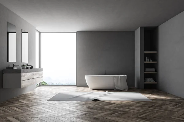 Badezimmer Mit Holzboden Grauen Wänden Einem Dachbodenfenster Einer Weißen Badewanne — Stockfoto