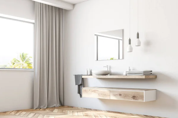 白い浴室の流しは 木製の棚の上に立って 白い壁に掛かっている正方形のミラー 側面図です レンダリング — ストック写真