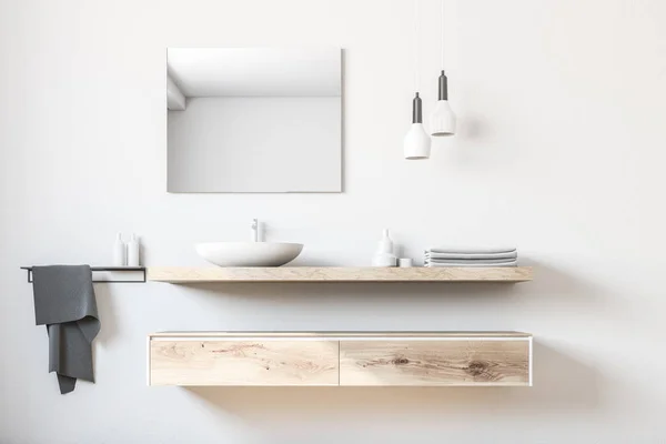 白い浴室の流しは 木製の棚の上に立って 白い壁に掛かっている正方形のミラー レンダリング — ストック写真