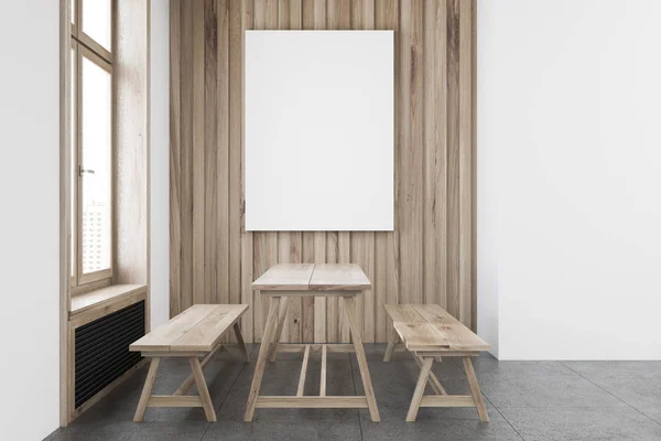 Wooden and white wall cafe interior with a concrete floor, wooden tables and benches. A vertical poster on the wall. 3d rendering mock up