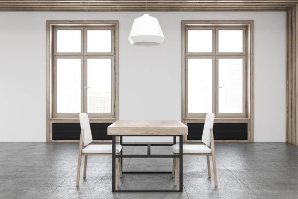 Minimalistic white wall cafe interior with a concrete floor, wooden tables and white chairs. 3d rendering mock up