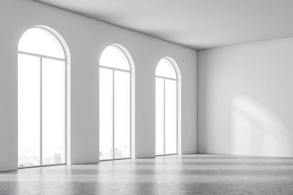 Empty Room Interior White Walls Concrete Floor Three Arched Windows — Stock Photo, Image