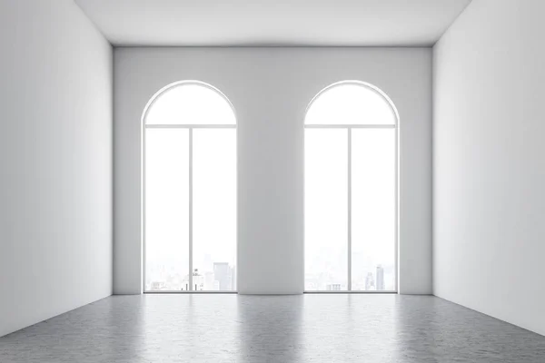 Empty Room Interior White Walls Concrete Floor Three Arched Windows — Stock Photo, Image