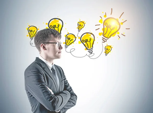 Side View Confident Young Businessman Wearing Suit Glasses Standing Crossed — Stock Photo, Image