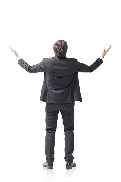 Rear view of a young successful businessman standing with hands in the air celebrating a business victory. An isolated portrait