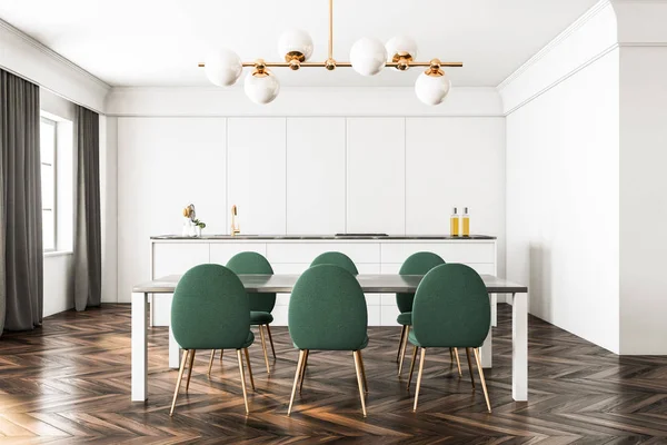 Weißes Esszimmer Und Küche Mit Dunklem Holzboden Weißen Wänden Großen — Stockfoto