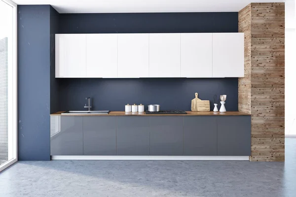 Loft Nero Legno Parete Cucina Interna Con Pavimento Cemento Piani — Foto Stock